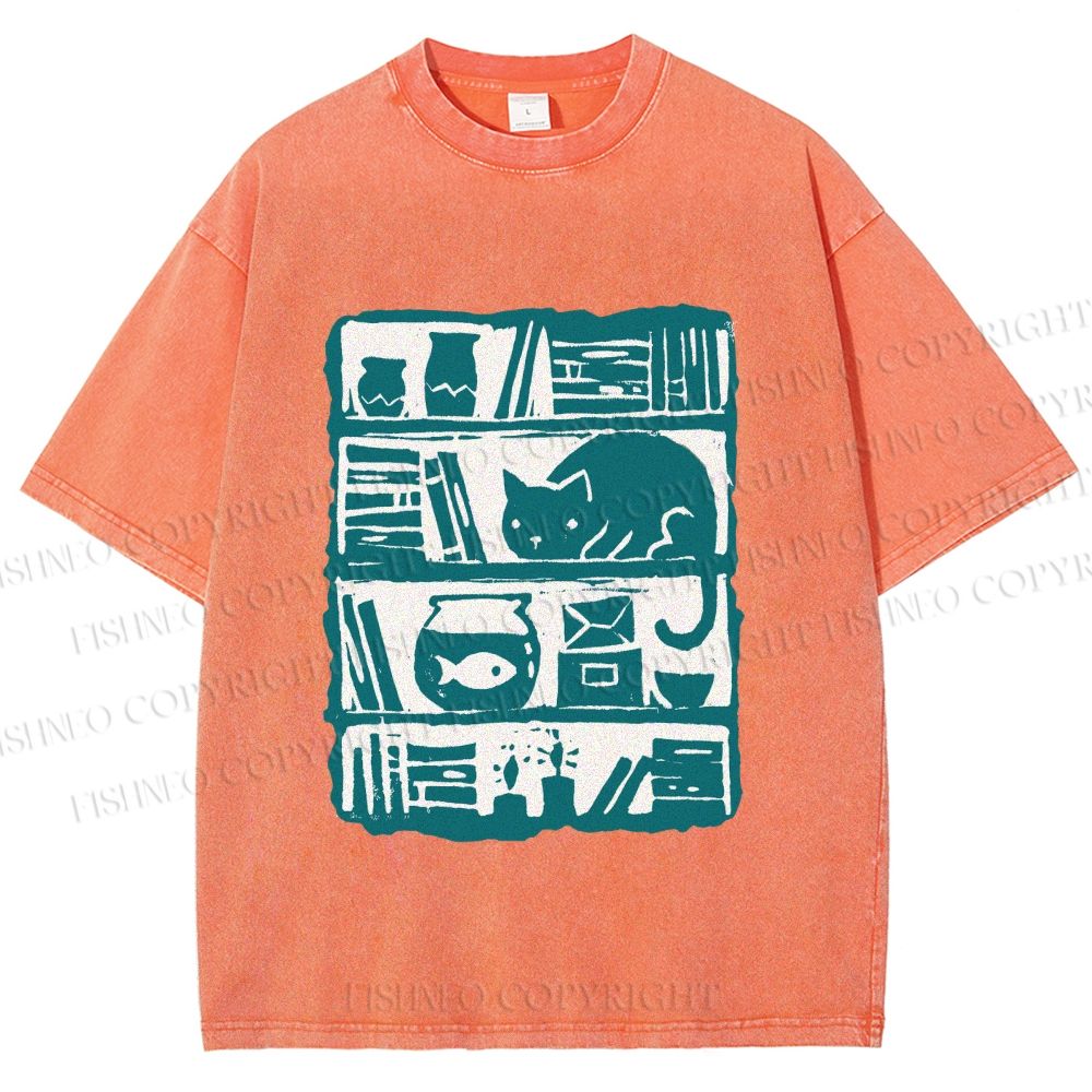 Unisex Vintage Cat Bookshelf Fish Tank Printed Washed Tee