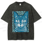 Unisex Vintage Cat Graffiti Printed Washed Tee