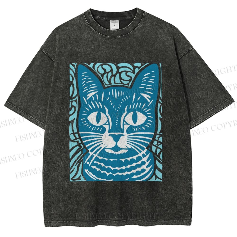 Unisex Vintage Cat Graffiti Printed Washed Tee