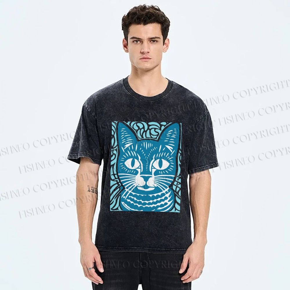 Unisex Vintage Cat Graffiti Printed Washed Tee