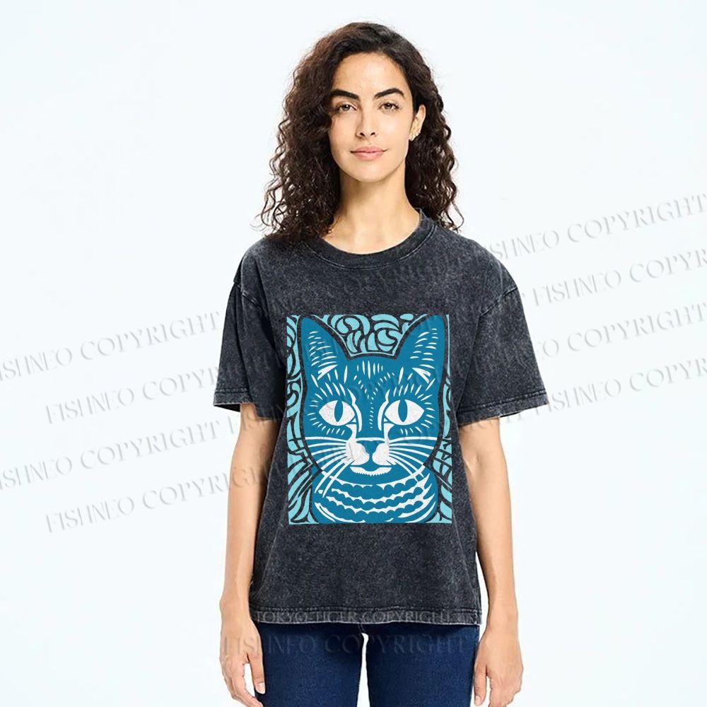 Unisex Vintage Cat Graffiti Printed Washed Tee
