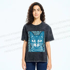 Unisex Vintage Cat Graffiti Printed Washed Tee