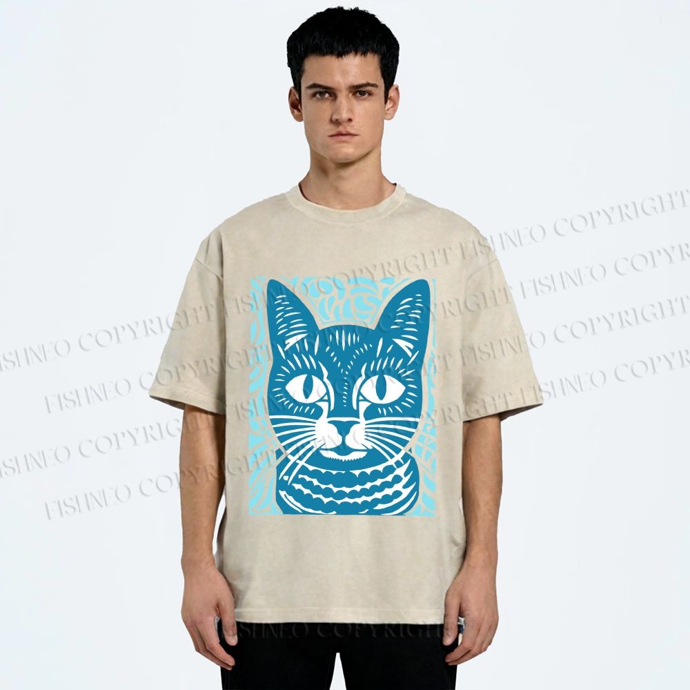 Unisex Vintage Cat Graffiti Printed Washed Tee
