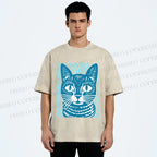 Unisex Vintage Cat Graffiti Printed Washed Tee