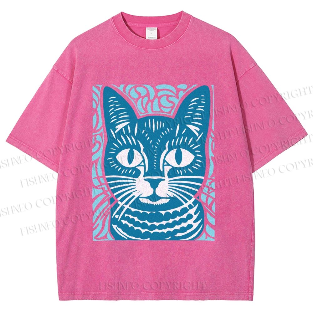 Unisex Vintage Cat Graffiti Printed Washed Tee