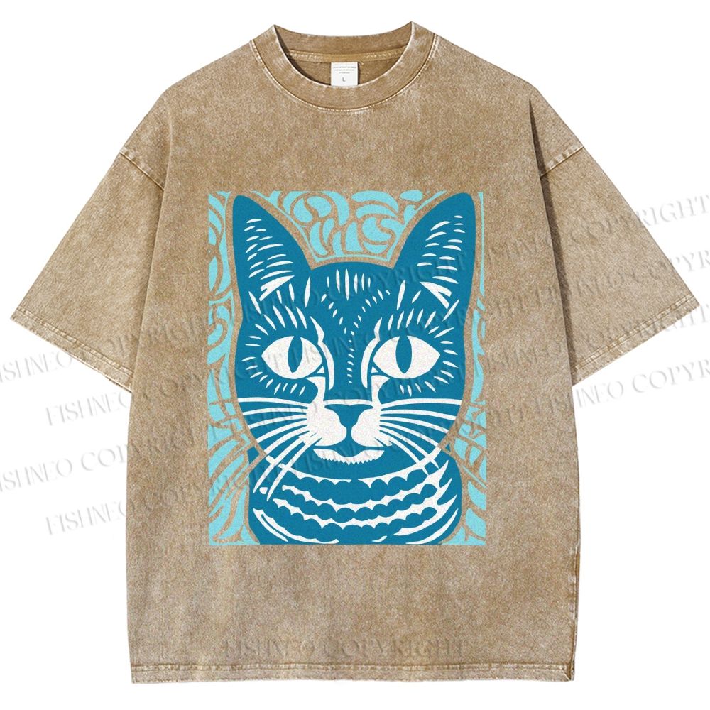 Unisex Vintage Cat Graffiti Printed Washed Tee