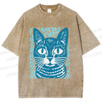 Unisex Vintage Cat Graffiti Printed Washed Tee