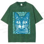 Unisex Vintage Cat Graffiti Printed Washed Tee