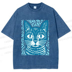 Unisex Vintage Cat Graffiti Printed Washed Tee