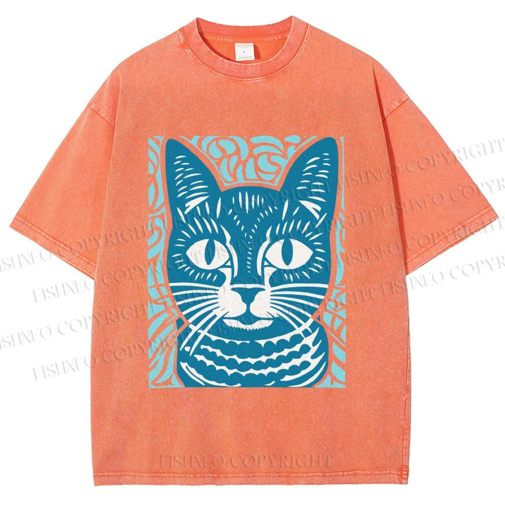 Unisex Vintage Cat Graffiti Printed Washed Tee
