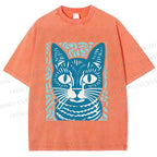 Unisex Vintage Cat Graffiti Printed Washed Tee