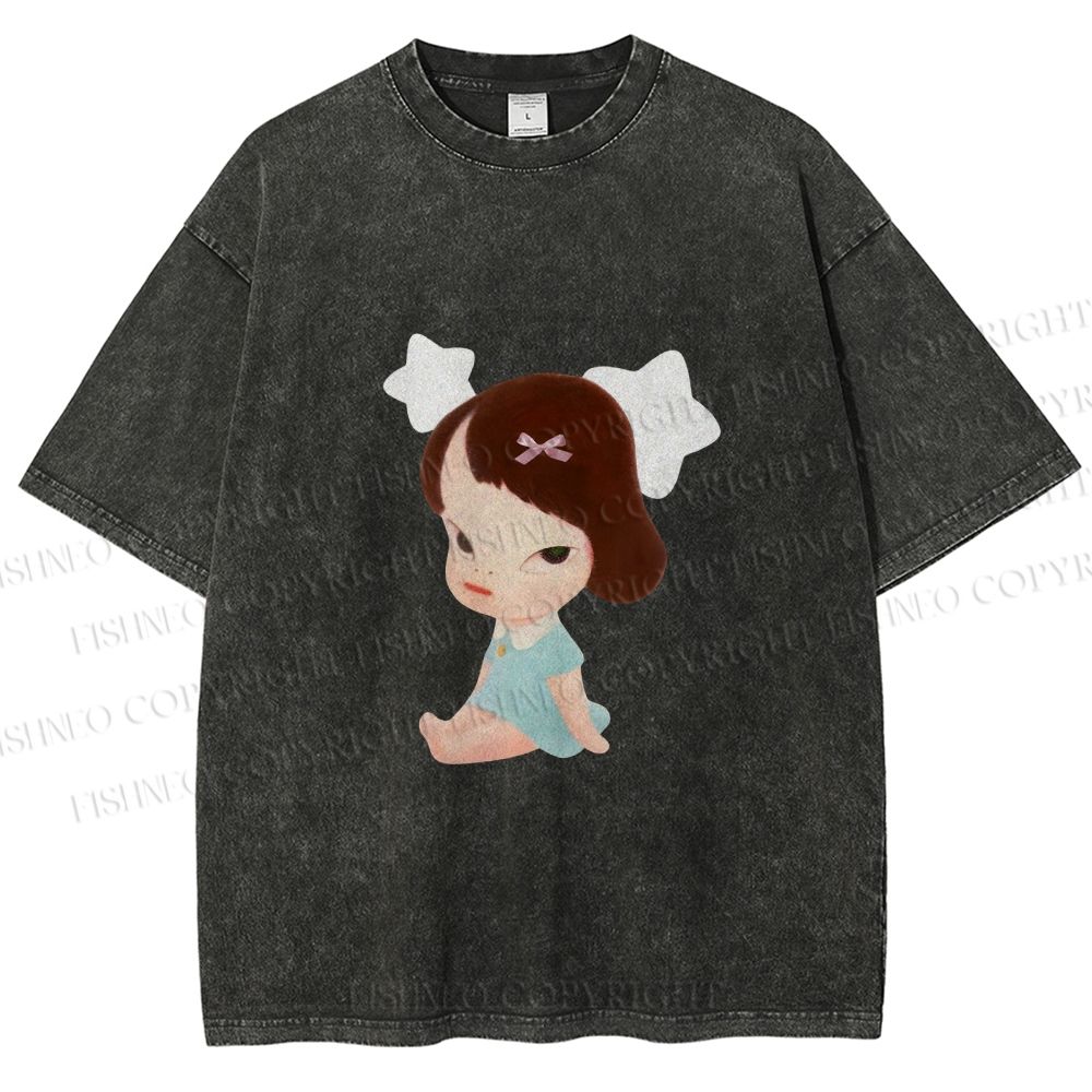 Unisex Yoshitomo Nara Sitting With Stars Printed Washed Tee