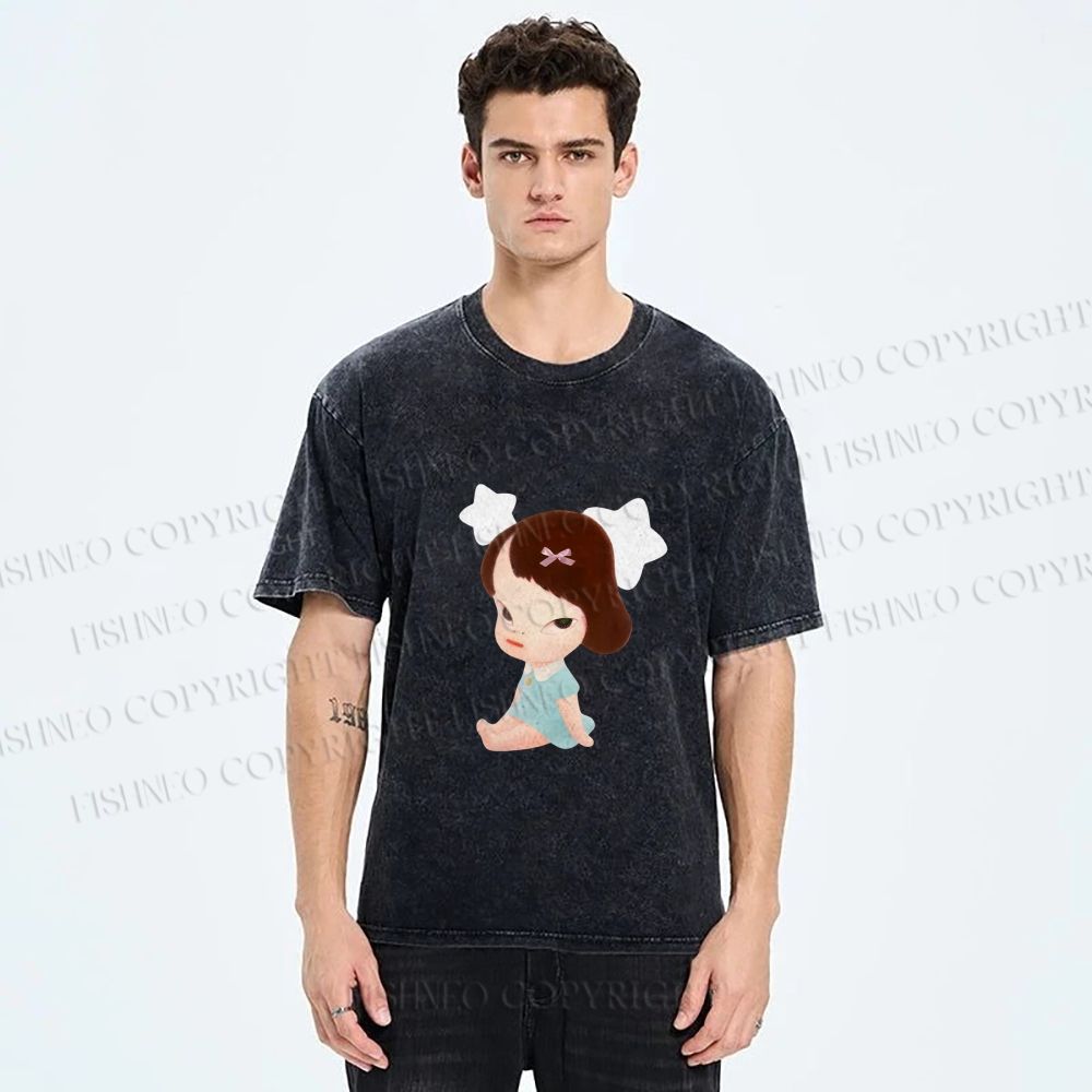 Unisex Yoshitomo Nara Sitting With Stars Printed Washed Tee