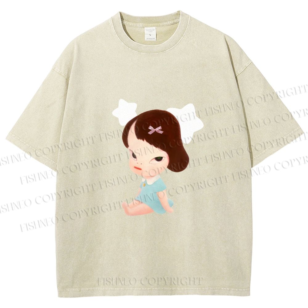 Unisex Yoshitomo Nara Sitting With Stars Printed Washed Tee