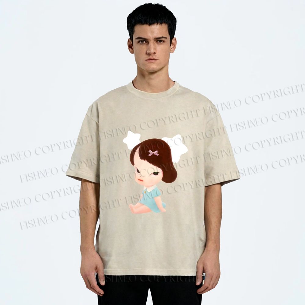 Unisex Yoshitomo Nara Sitting With Stars Printed Washed Tee