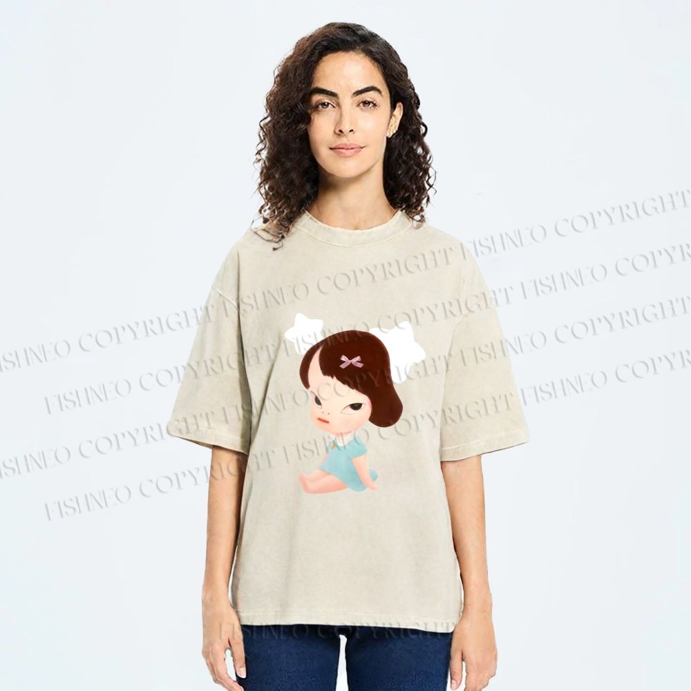 Unisex Yoshitomo Nara Sitting With Stars Printed Washed Tee