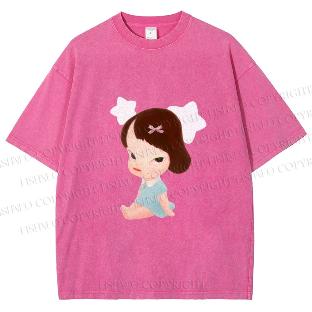 Unisex Yoshitomo Nara Sitting With Stars Printed Washed Tee