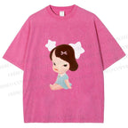 Unisex Yoshitomo Nara Sitting With Stars Printed Washed Tee