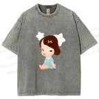 Unisex Yoshitomo Nara Sitting With Stars Printed Washed Tee