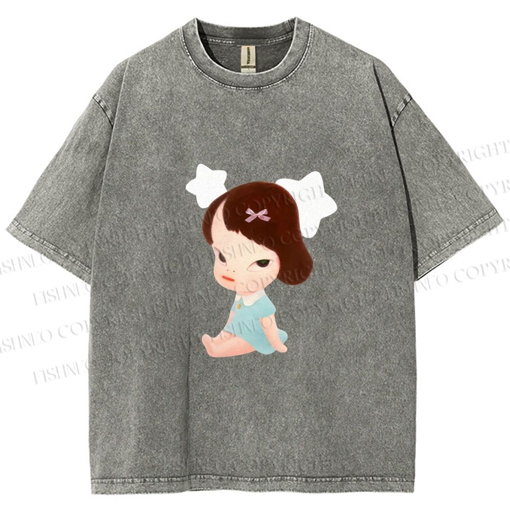 Unisex Yoshitomo Nara Sitting With Stars Printed Washed Tee