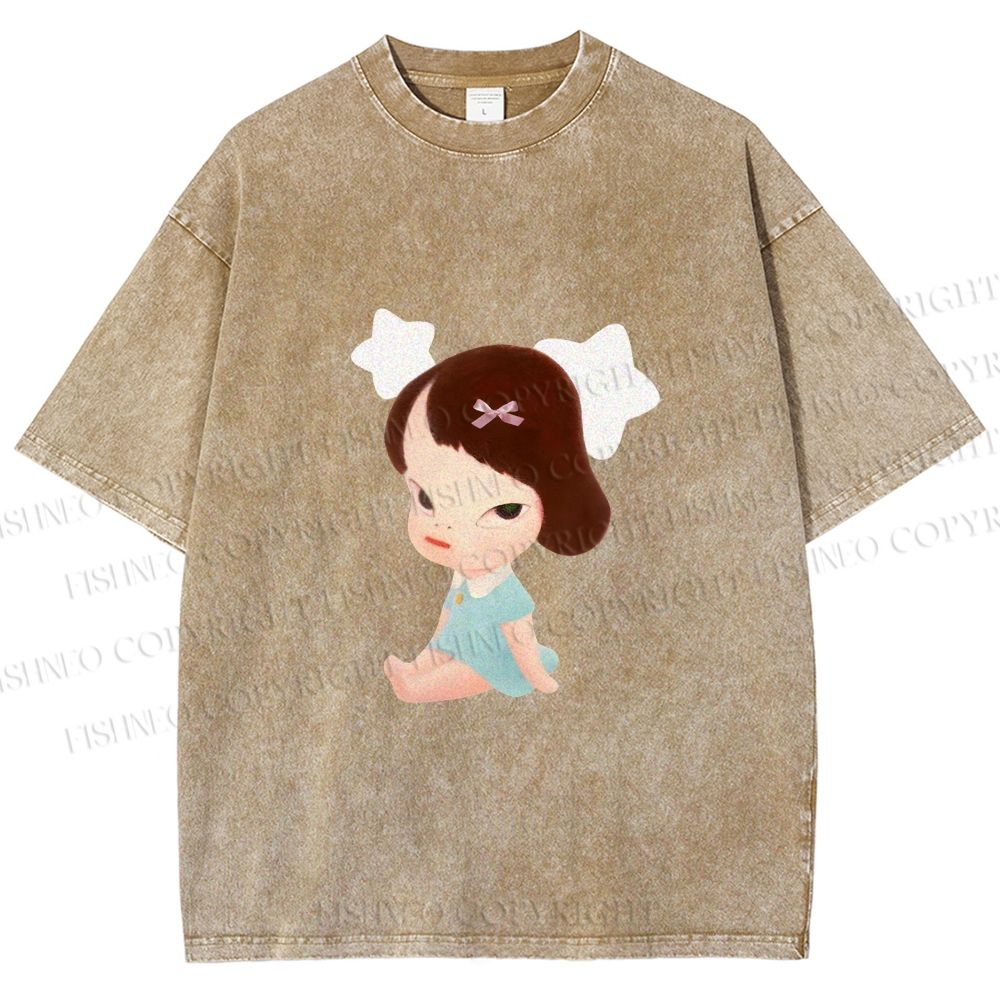 Unisex Yoshitomo Nara Sitting With Stars Printed Washed Tee