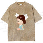 Unisex Yoshitomo Nara Sitting With Stars Printed Washed Tee