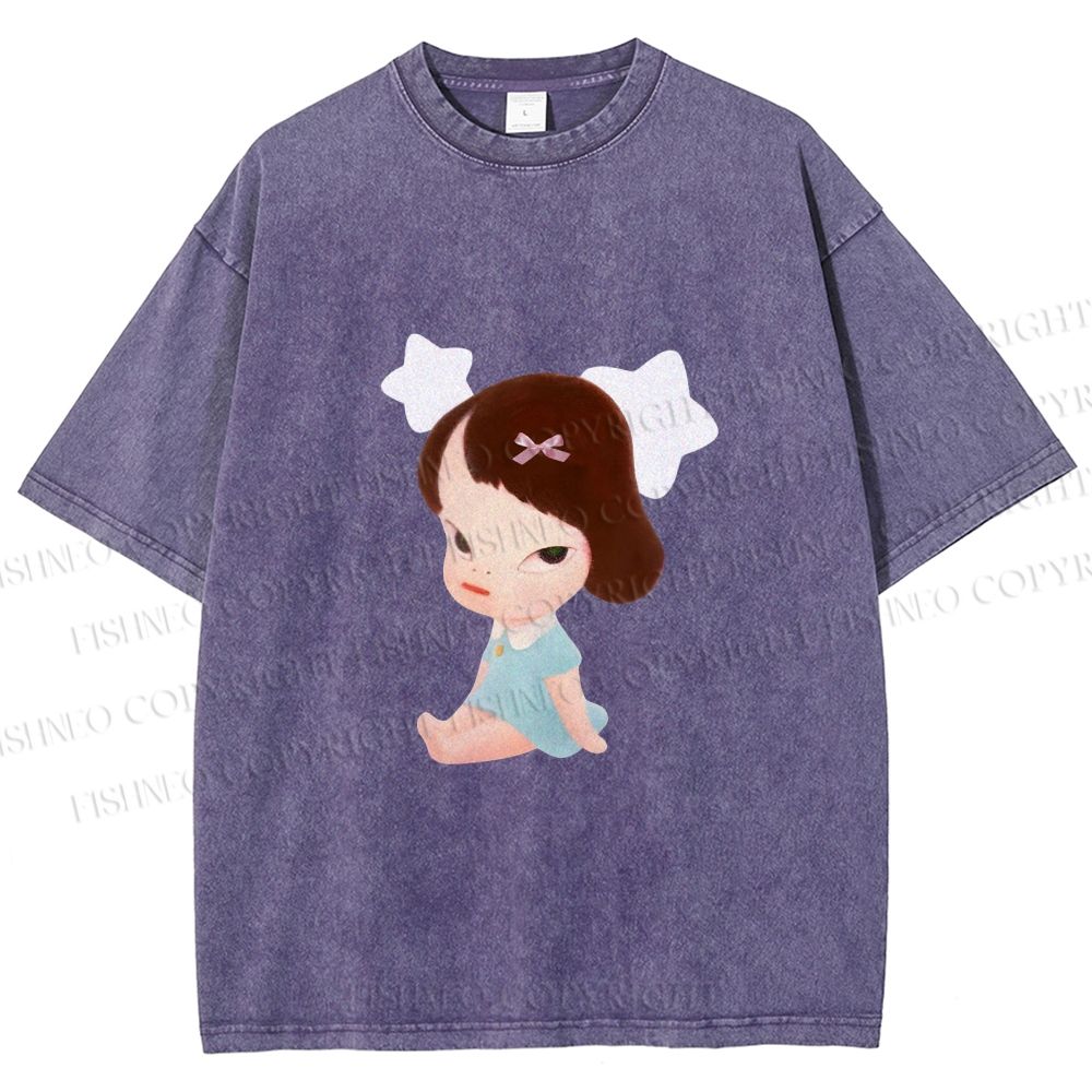 Unisex Yoshitomo Nara Sitting With Stars Printed Washed Tee