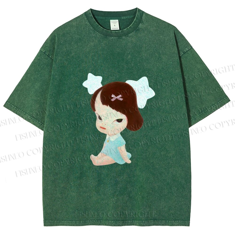 Unisex Yoshitomo Nara Sitting With Stars Printed Washed Tee