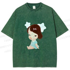 Unisex Yoshitomo Nara Sitting With Stars Printed Washed Tee