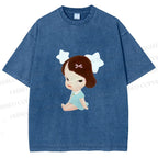 Unisex Yoshitomo Nara Sitting With Stars Printed Washed Tee