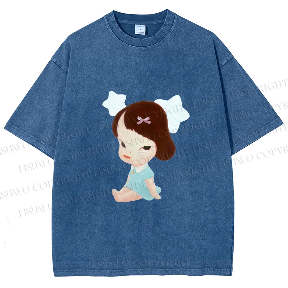Unisex Yoshitomo Nara Sitting With Stars Printed Washed Tee