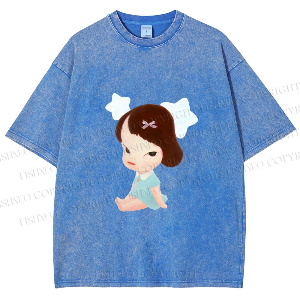 Unisex Yoshitomo Nara Sitting With Stars Printed Washed Tee