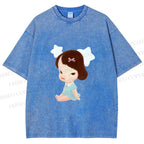 Unisex Yoshitomo Nara Sitting With Stars Printed Washed Tee