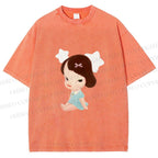 Unisex Yoshitomo Nara Sitting With Stars Printed Washed Tee