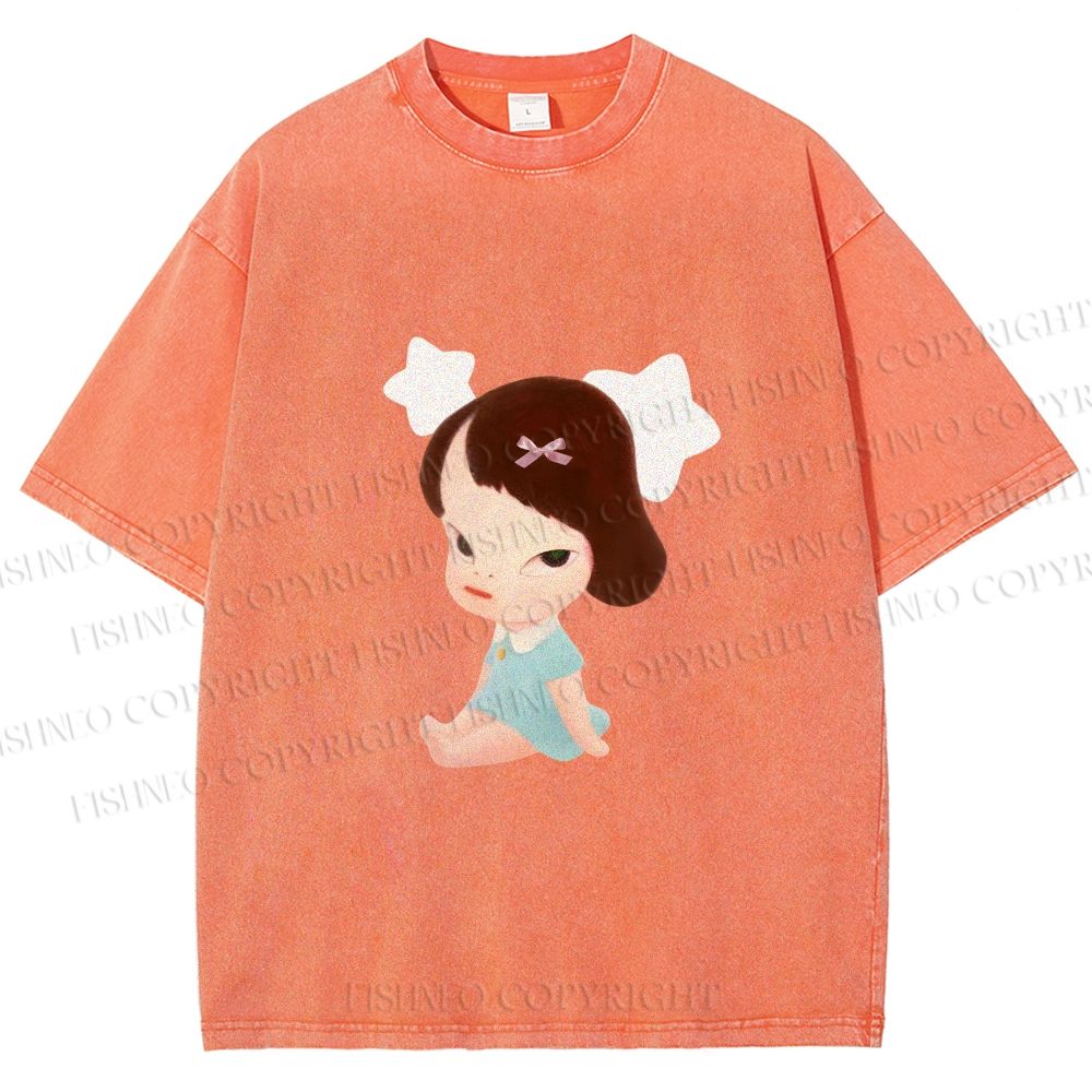 Unisex Yoshitomo Nara Sitting With Stars Printed Washed Tee