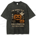 Unisex Ghost Pumpkin Addicted To Halloween Decorations Printed Washed Tee