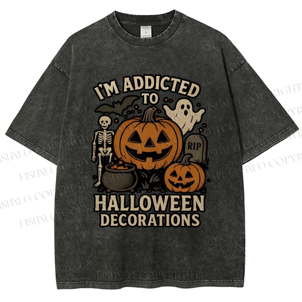 Unisex Ghost Pumpkin Addicted To Halloween Decorations Printed Washed Tee