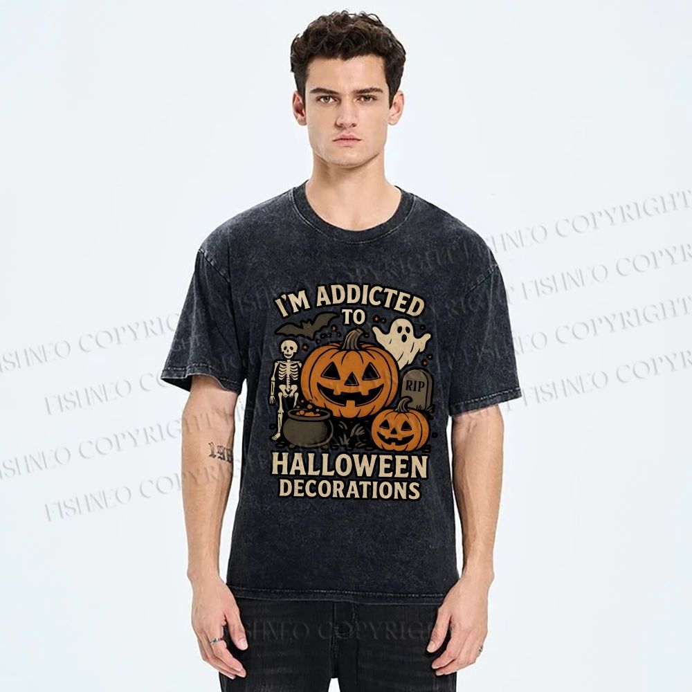 Unisex Ghost Pumpkin Addicted To Halloween Decorations Printed Washed Tee