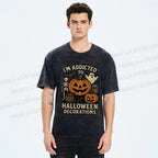 Unisex Ghost Pumpkin Addicted To Halloween Decorations Printed Washed Tee