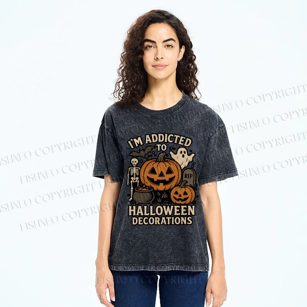 Unisex Ghost Pumpkin Addicted To Halloween Decorations Printed Washed Tee
