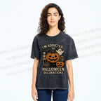 Unisex Ghost Pumpkin Addicted To Halloween Decorations Printed Washed Tee