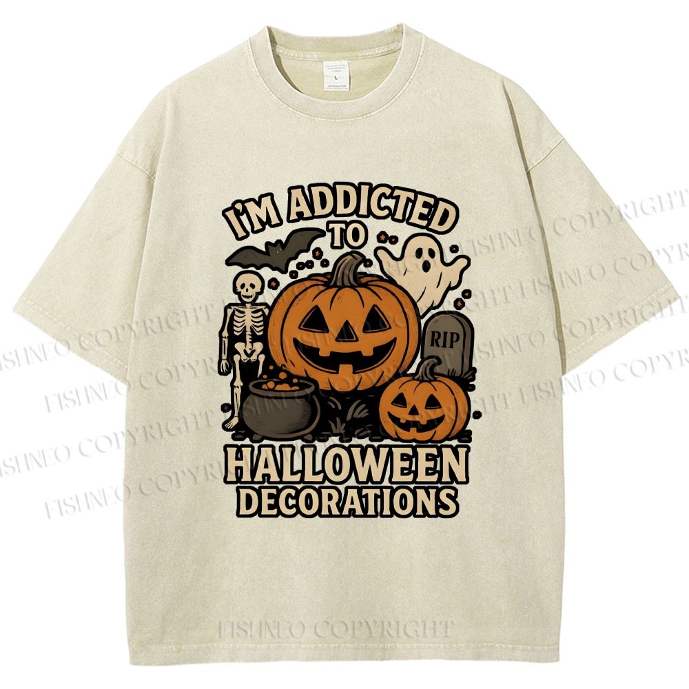 Unisex Ghost Pumpkin Addicted To Halloween Decorations Printed Washed Tee