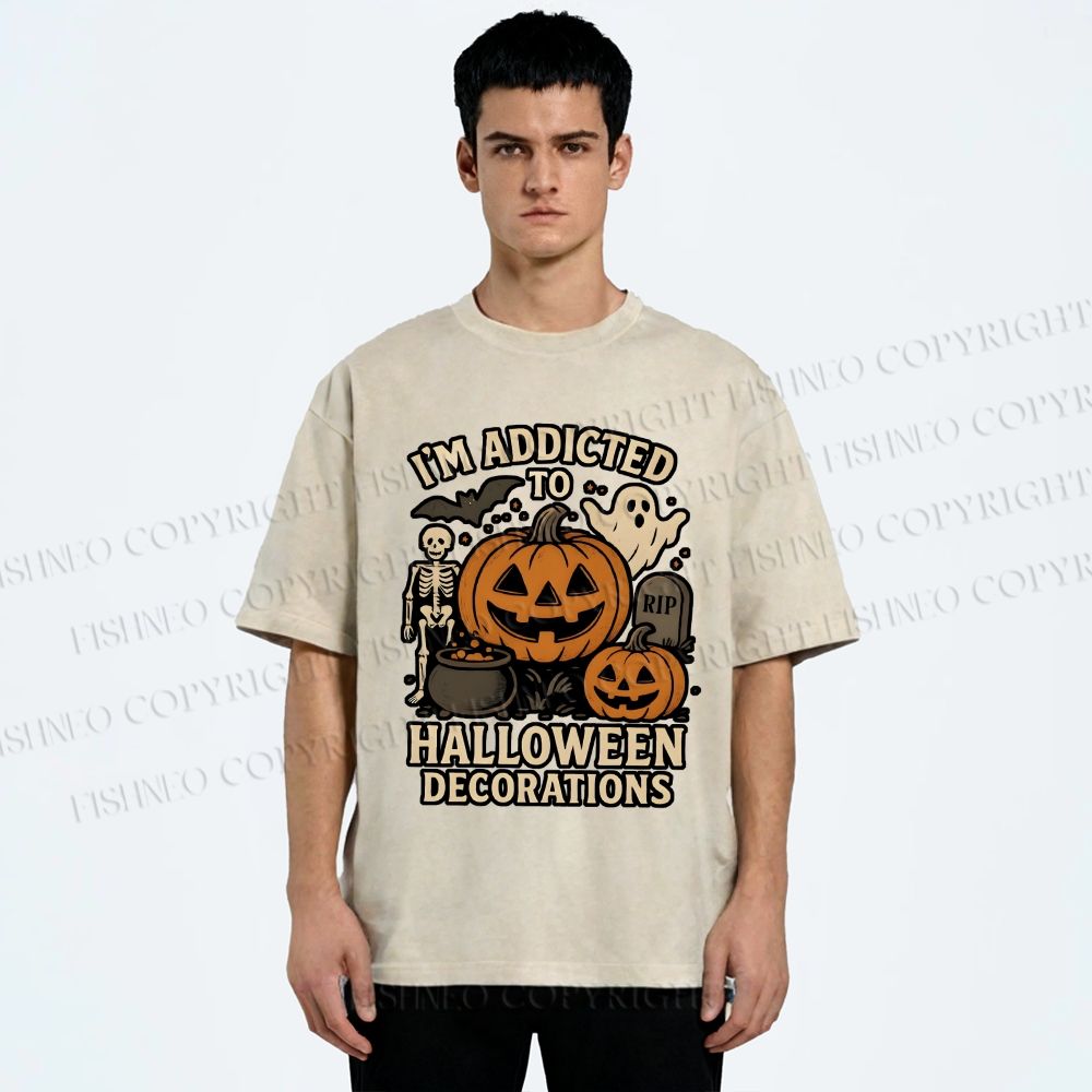 Unisex Ghost Pumpkin Addicted To Halloween Decorations Printed Washed Tee