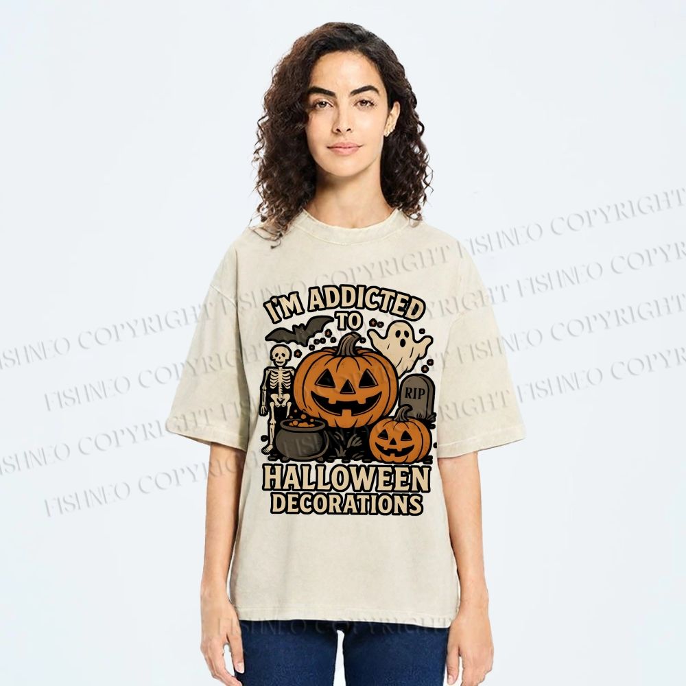 Unisex Ghost Pumpkin Addicted To Halloween Decorations Printed Washed Tee