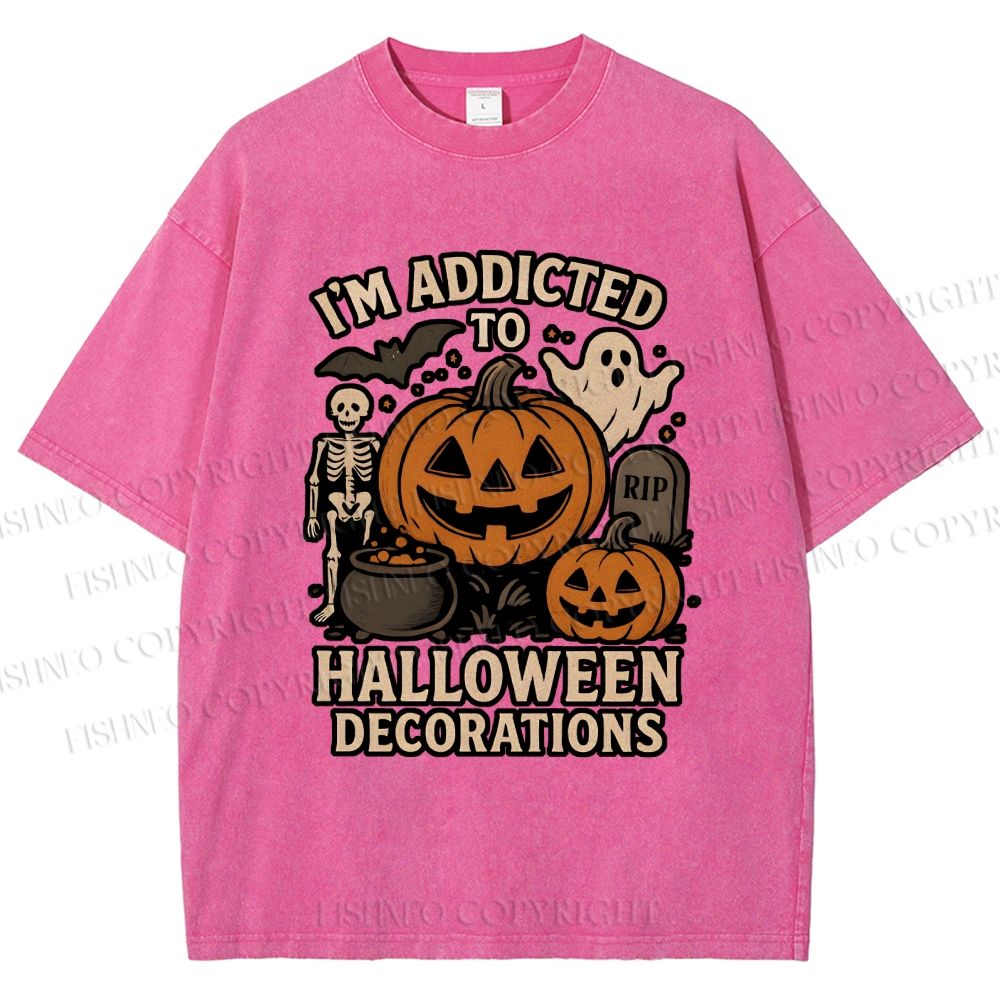 Unisex Ghost Pumpkin Addicted To Halloween Decorations Printed Washed Tee