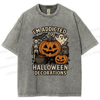 Unisex Ghost Pumpkin Addicted To Halloween Decorations Printed Washed Tee