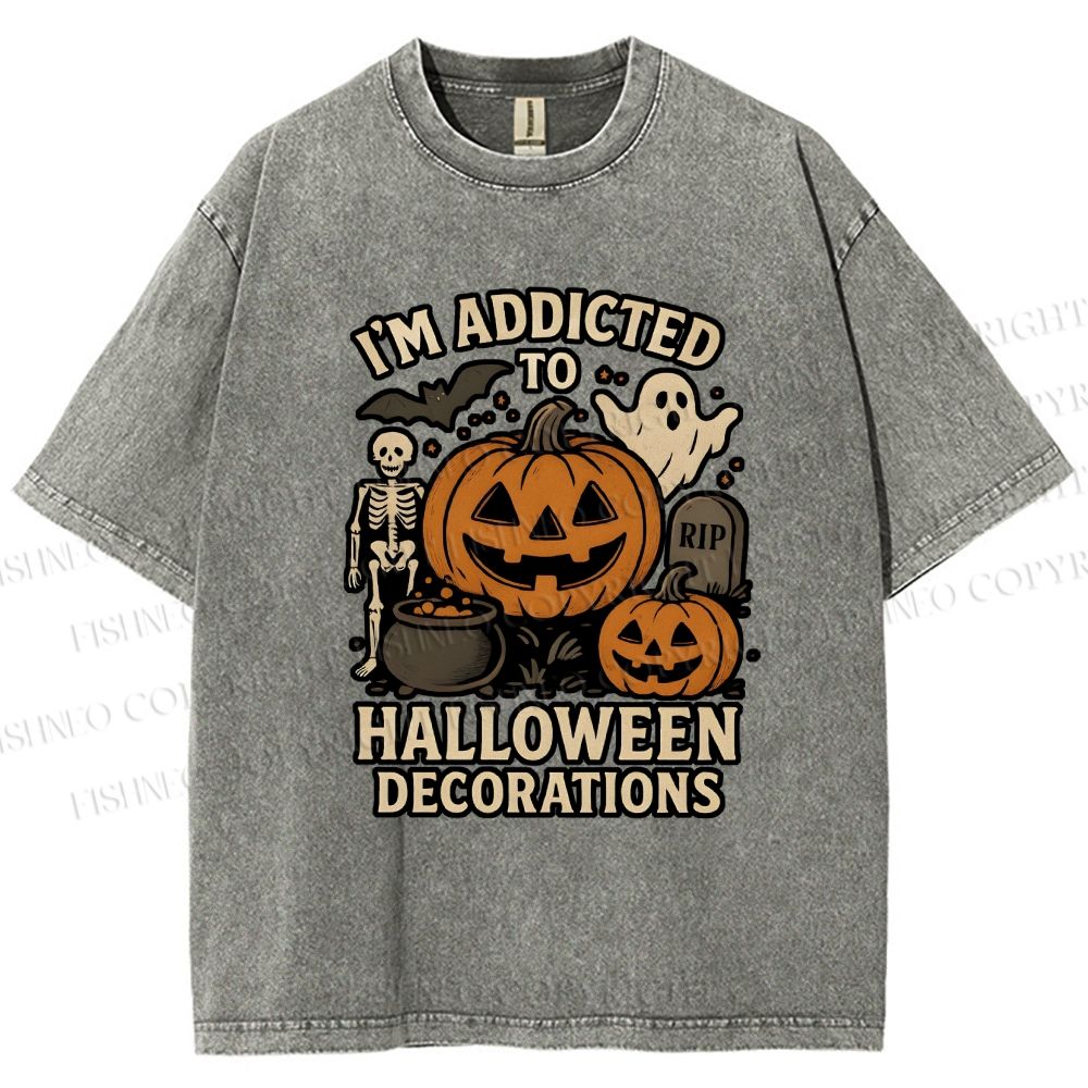 Unisex Ghost Pumpkin Addicted To Halloween Decorations Printed Washed Tee