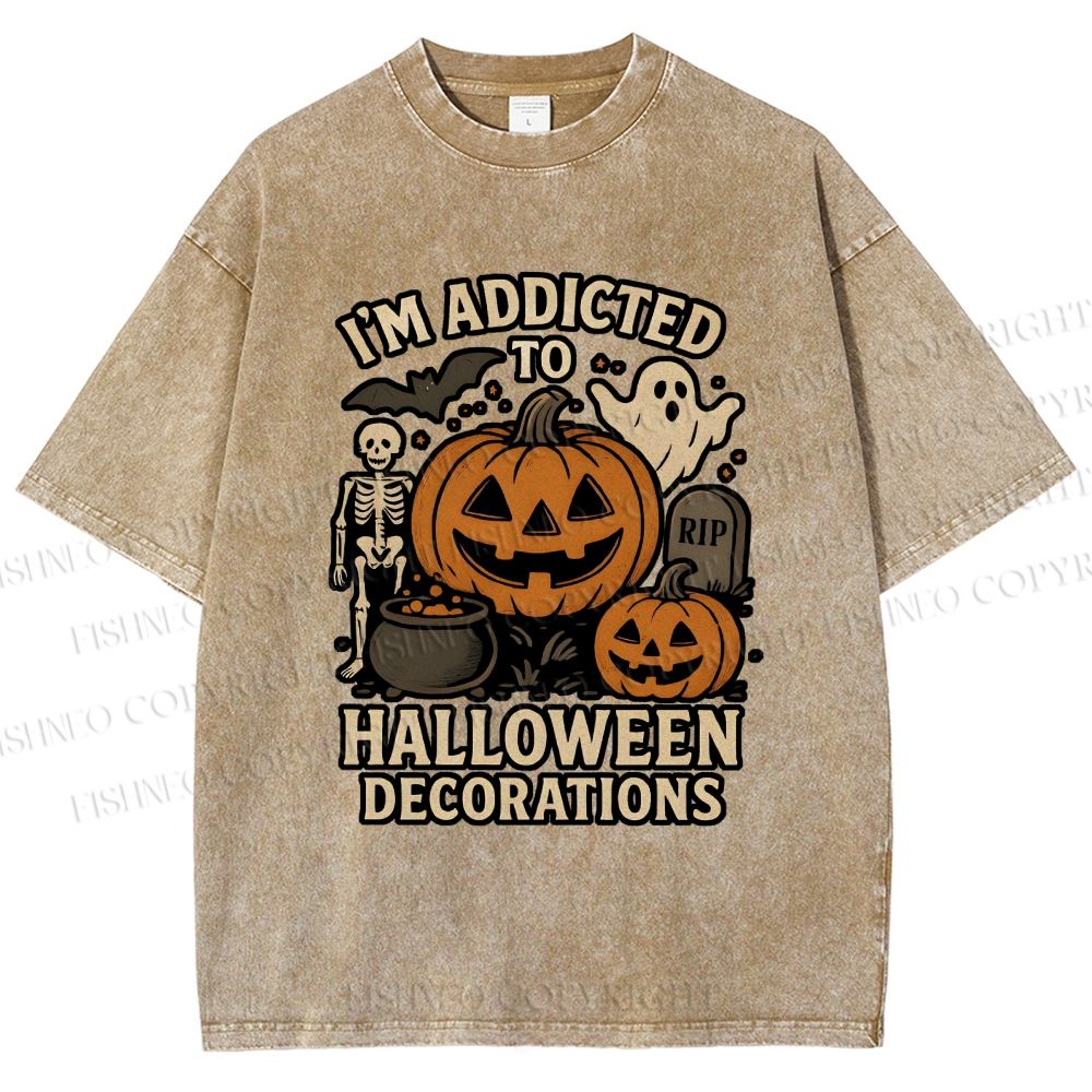 Unisex Ghost Pumpkin Addicted To Halloween Decorations Printed Washed Tee