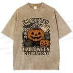 Unisex Ghost Pumpkin Addicted To Halloween Decorations Printed Washed Tee