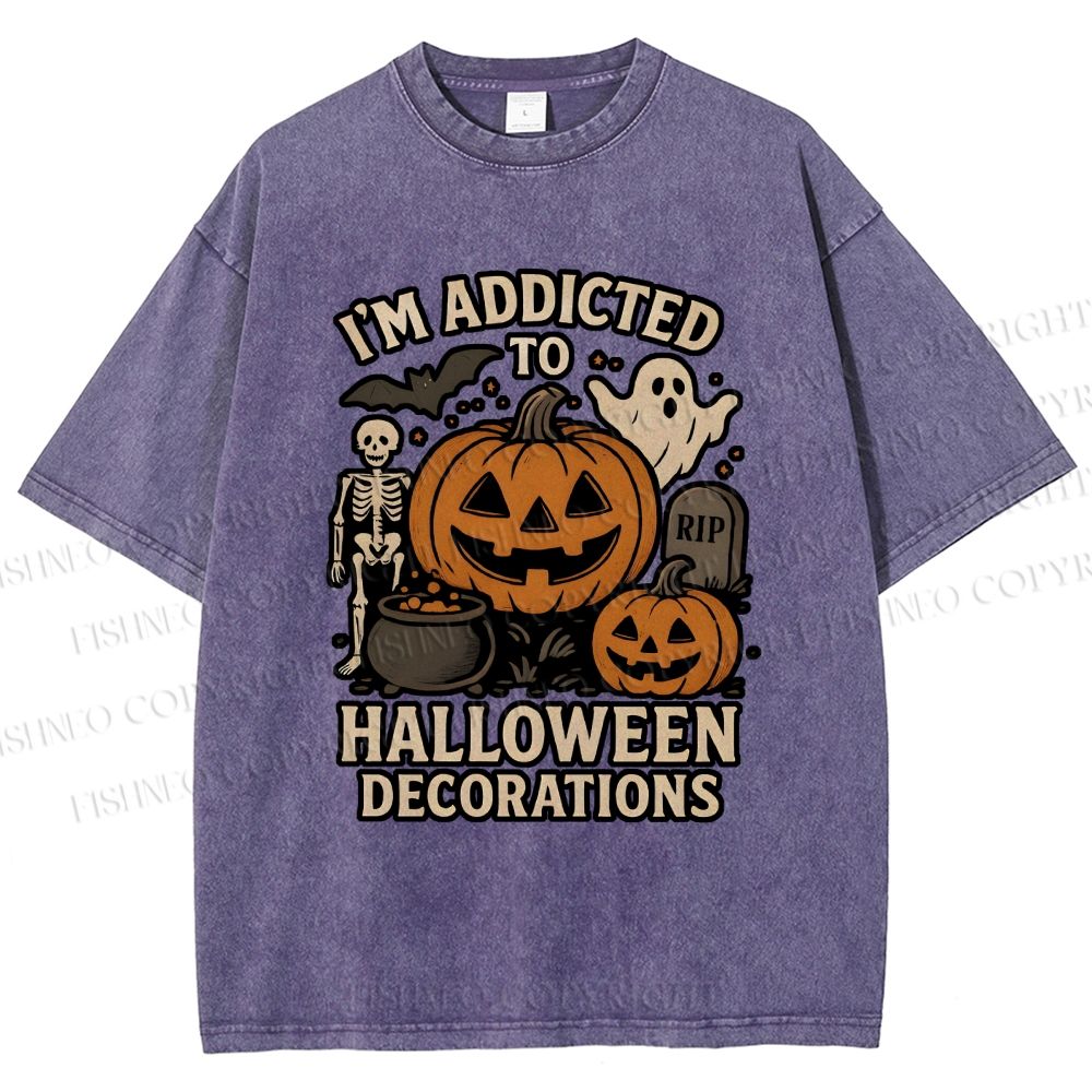 Unisex Ghost Pumpkin Addicted To Halloween Decorations Printed Washed Tee